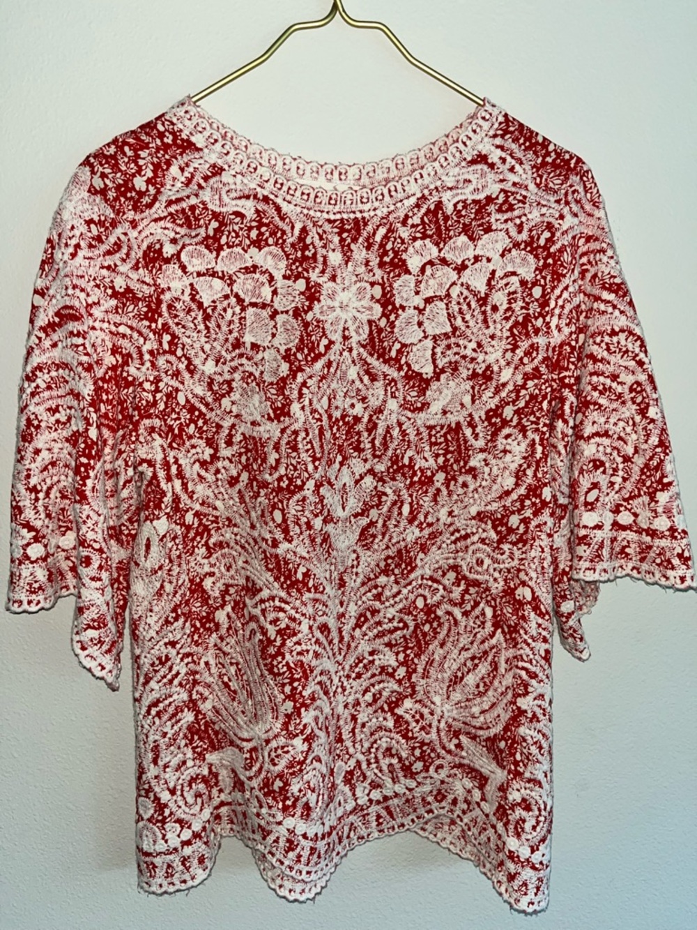 Solitaire Orange-y Red White Lacy Embroidered Gypsy Whimsical Flowy Tunic Top M